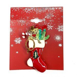 Holiday Christmas Stocking Pin with Toys Red Green White Gold 2.25" NWT